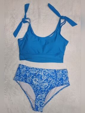 Blue Tie-Shoulder Two-Piece Bikini Set - High-Waist Paisley Bottom
